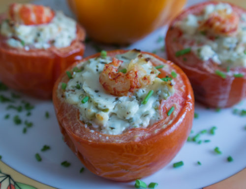 Gegrilltes Spiegelei in Paprika & Tomaten mit Krabben